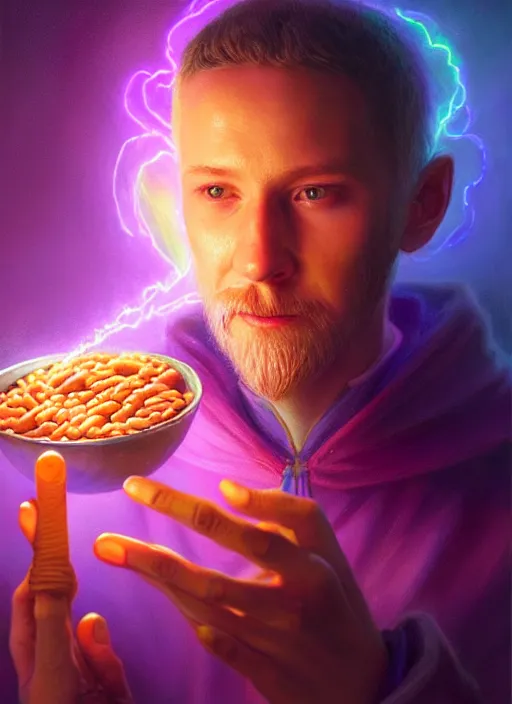 Image similar to portrait of a wizard eating baked beans and casting magical spells with rainbow energy, intricate, elegant, purple, glowing lights, highly detailed, digital painting, artstation, concept art, smooth, sharp focus, illustration, art by wlop, mars ravelo and greg rutkowski