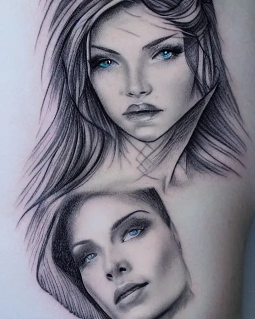 Image similar to tattoo design sketch of a beautiful blue - eyed woman face with a faded background of beautiful mountains on her side, hyper - realistic, in the style of den yakovlev, amazing detail, black and white