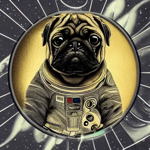 Prompt: pencil art, golden - ratio, spirals, highly detailed, psychedelic shapes, astronaut pug in outer space by davinci.