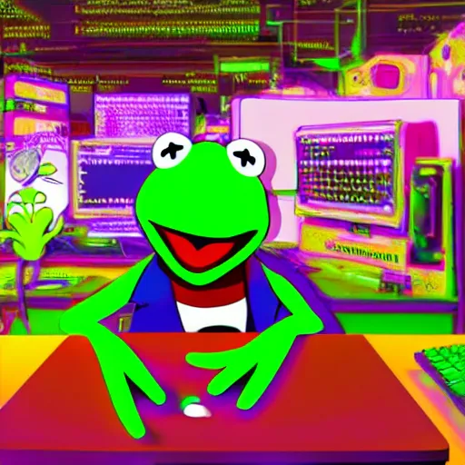 Prompt: Kermit the frog as a computer hacker, cyberpunk unreal 4k neon muppet digital art