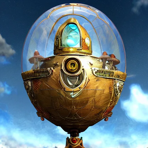 Prompt: enormous flying fortress in a faberge egg, sky, steampunk, fantasy art, masterpiece, unreal engine