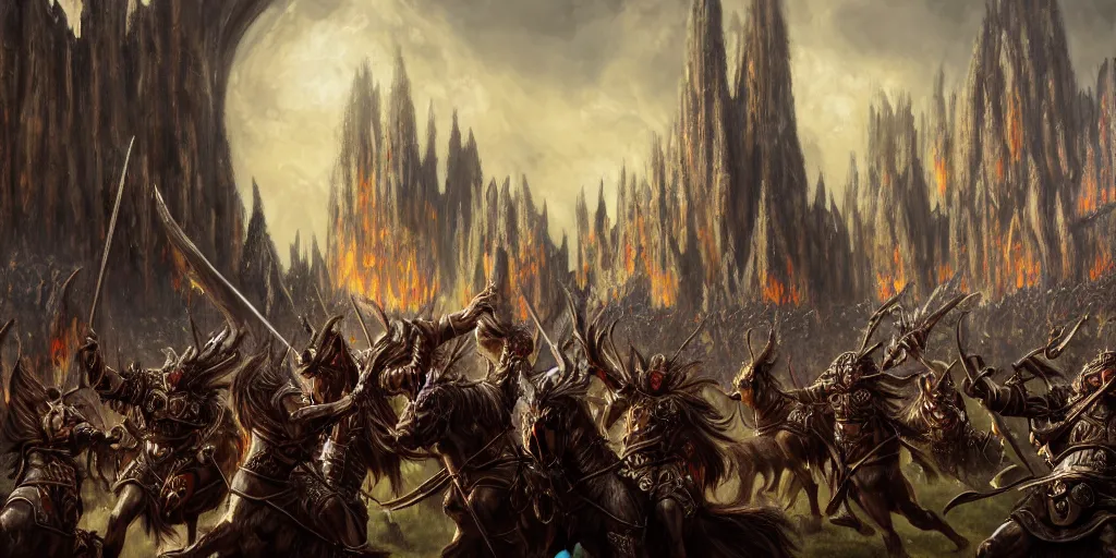 Prompt: highly detailed portrait painting of an ancient elves on hell horses war battle, abbey warhammer battle, old abbey in the background, carhedrals, giant columns, by eddie mendoza and liang xing, 8 k resolution