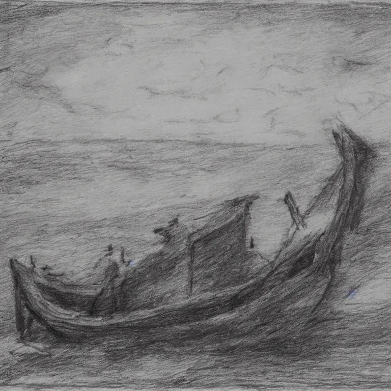 Prompt: the ship of theseus wrecked upon the night's plutonian shore, charcoal sketch by Edgar Allan Poe