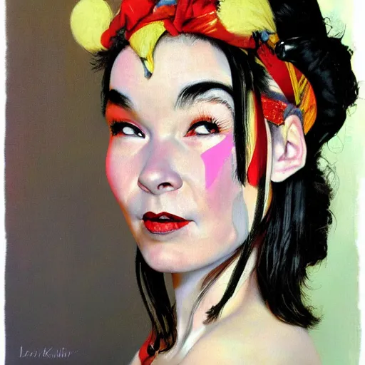 Image similar to a portrait painting of Bjork. Painted by Norman Rockwell