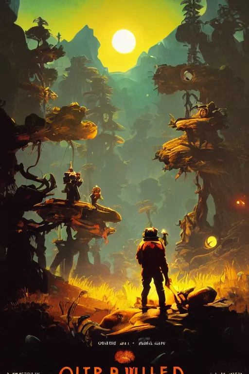 Prompt: Movie poster of Outer Wilds, Highly Detailed, Dramatic, eye-catching, A masterpiece of storytelling, by frank frazetta, ilya repin, 8k, hd, high resolution print