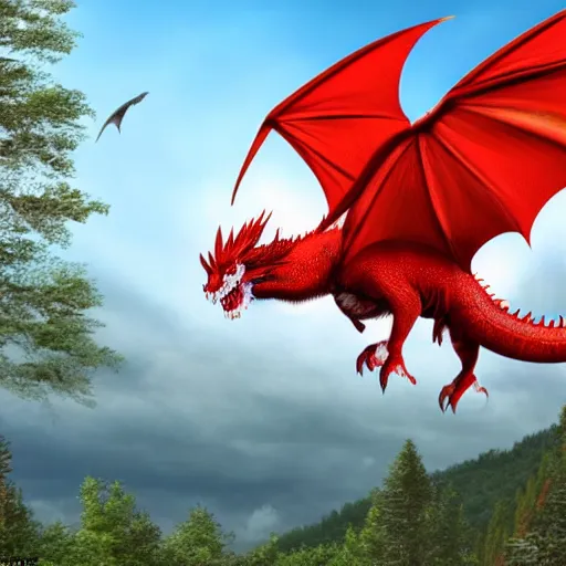 Prompt: a cute gorgeous beautiful realistic red dragon flying above a forest, photorealistic image , sunset in the background