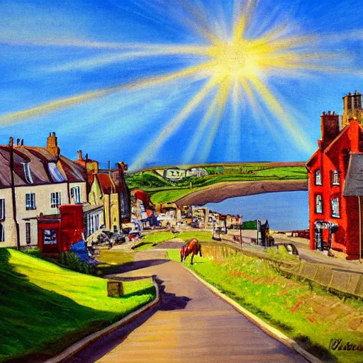 Image similar to happy landscape painting of whitby on a sunny day, god rays, photography, painterly