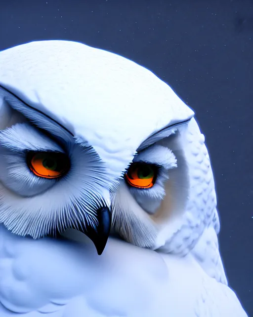 Image similar to closeup of a snow owls face, in the style of brian despain, digital art, unreal engine, volumetric lighting, dark moody lighting, post apocalyptic, 4 k