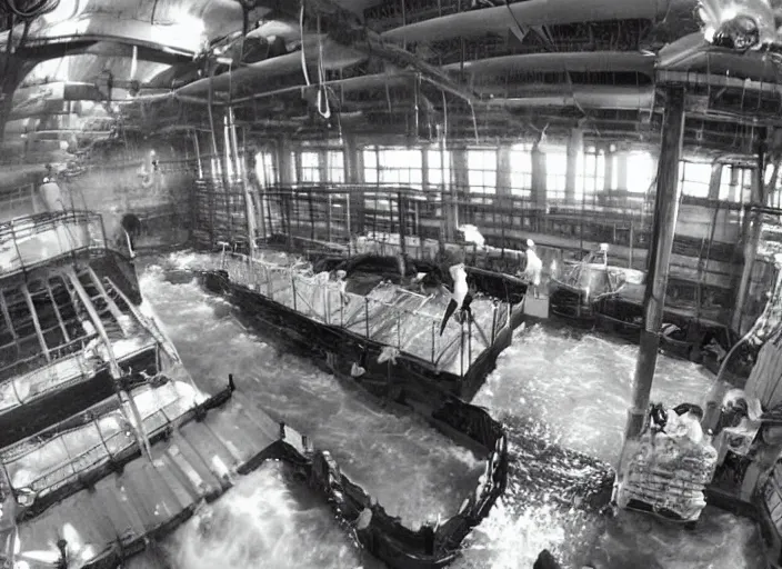 Image similar to grainy security cam footage still of Augustus Gloop in the factory's indoors chocolate river at Wonka's Chocolate Factory, extreme wide angle, far away