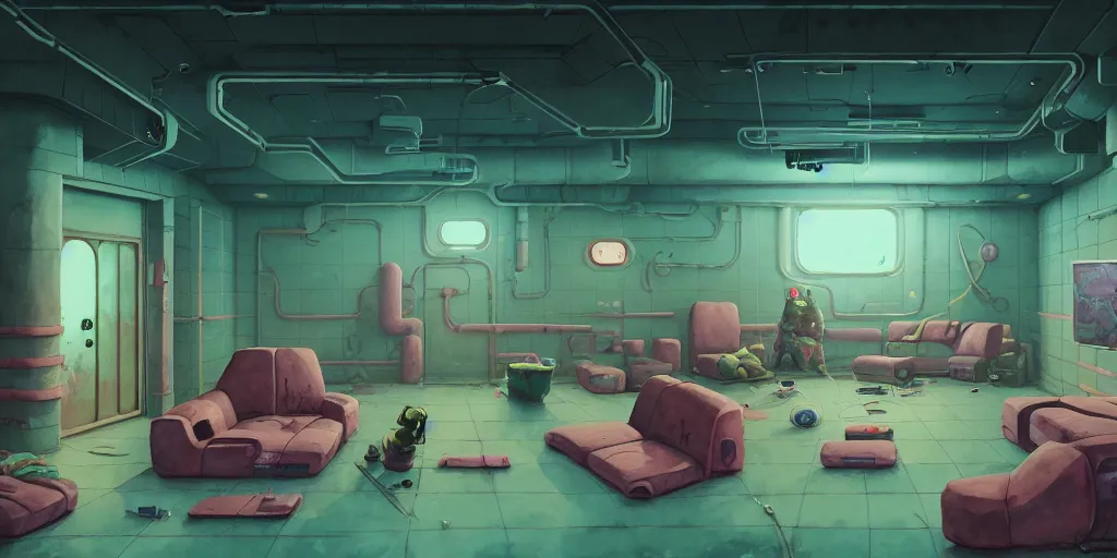 Image similar to sewer lair dojo for training, detailed, artstation, 8 k, sci - fi, pastel colors, props, panel, concept, simon stalenhag, in watercolor gouache detailed paintings, moebius, blueprint, building, living room, detailed, posters, sofa