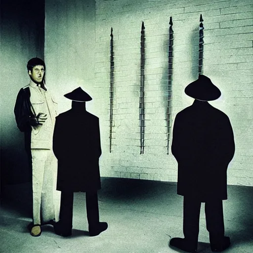 Prompt: radio waves in trenchcoats by storm thorgerson, weirdcore noir album cover