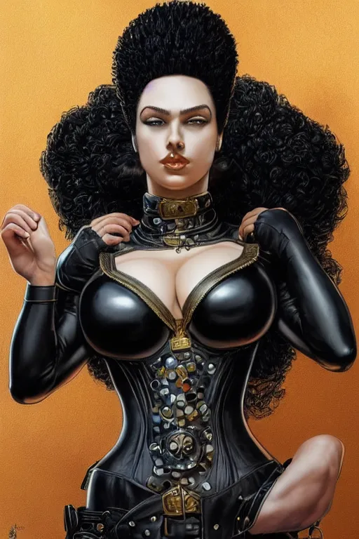 Image similar to Marge Simpsons as a heroine in black leather, intricate, elegant, highly detailed, centered, digital painting, artstation, concept art, smooth, sharp focus, illustration, art by artgerm and donato giancola and Joseph Christian Leyendecker, Ross Tran, WLOP