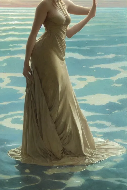 Image similar to a beautiful annie leonhart wearing a dress emerging from the water, oil on canvas, sensuality, artstation, by j. c. leyendecker and edmund blair leighton and charlie bowater