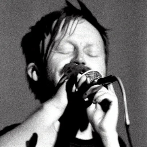 Prompt: miniature Thom Yorke 1995 singing into a microphone, a photo by John E. Berninger, trending on pinterest, private press, associated press photo, angelic photograph, masterpiece