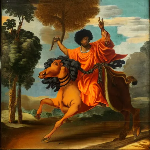 Image similar to photograph of a black man with afro hair wearing an army green cloak, riding!!! an orange colored bull!!!, renaissance style painting