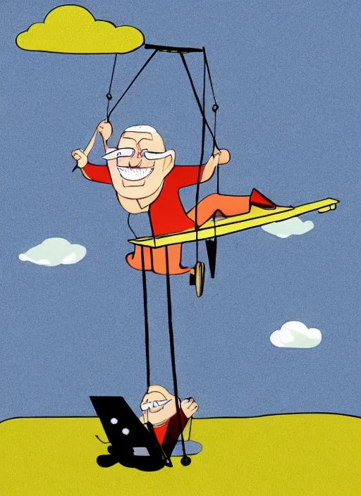 Prompt: an old man on a swing with a plane on top of him, a cartoon by rube goldberg, trending on shutterstock, neoism, poster art, isometric, 2 d