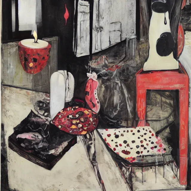 Prompt: a female artist's apartment, portrait of a woman sleeping, cracked japanese pottery vase, sensual, smouldering burnt envelopes, candles, white flowers, puddle of milk, octopus, squashed berries, pizza box, pancakes, black underwear, neo - expressionism, surrealism, acrylic and spray paint and oilstick on canvas