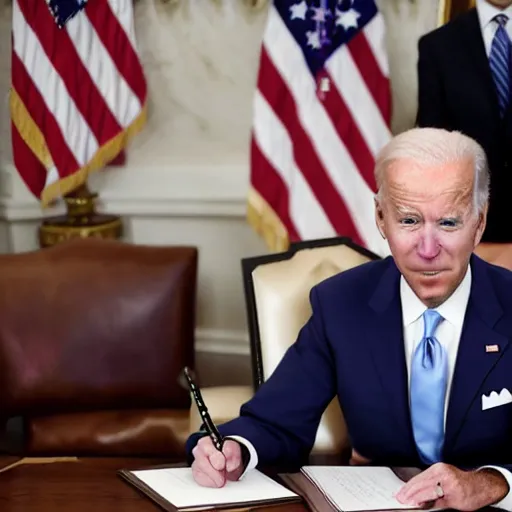 Image similar to joe biden signs a bill to make anime real, ap news photograph, 4 k