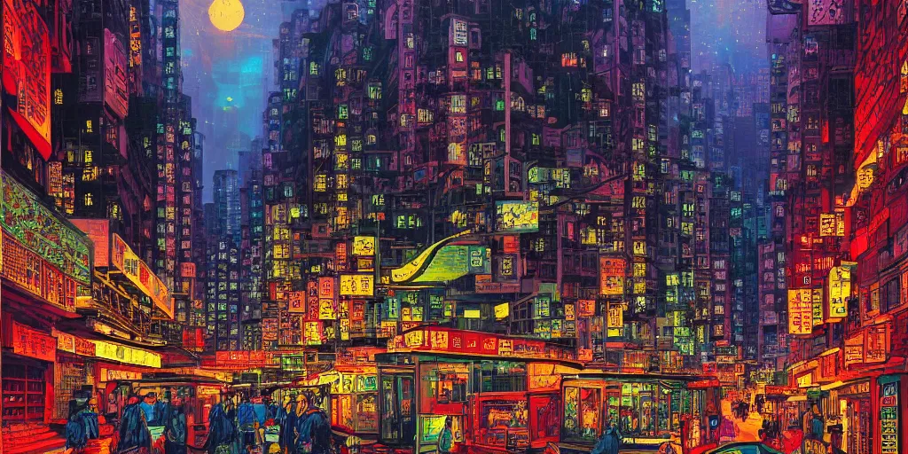 Prompt: artwork of a hong kong street, by dan mumford and peter doig, highly detailed, dramatic lighting, 8 k