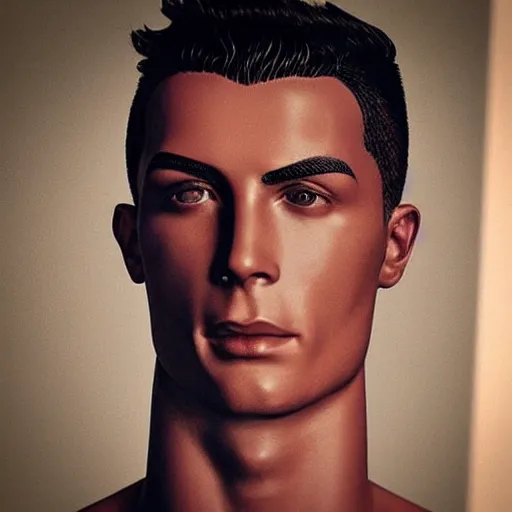 Image similar to “a realistic detailed photo of a guy who is an attractive humanoid who is half robot and half humanoid, who is a male android, Cristiano Ronaldo, shiny skin, posing like a statue, blank stare”