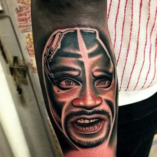 Image similar to flash photo of a tattoo on a man’s arm that looks like Will Smith as the terminator