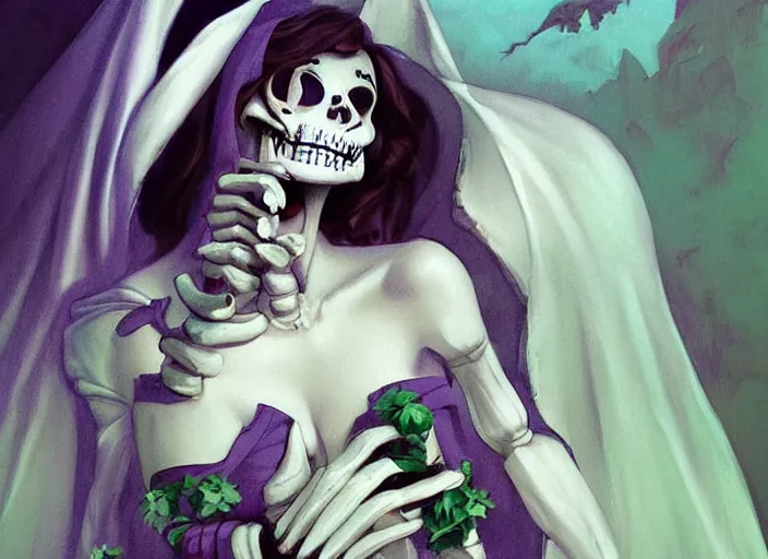 Image similar to cute & beautiful smiling mexican undead skeleton girl dressed as a vert attractive nun looking at the viewer, elegant, digital art, fantasy, pixar style, painting, pin up, highly detailed, artstation, art by artgerm, vrubel, boris vallejo and ilya kuvshinov