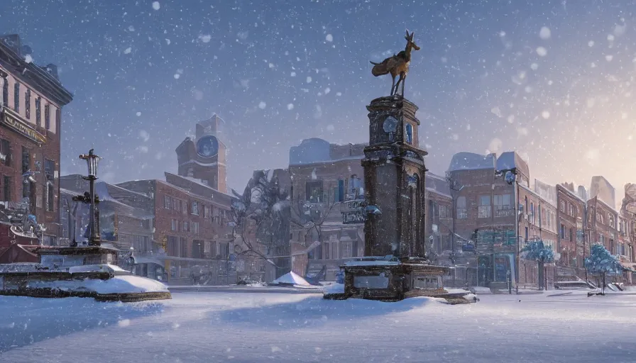 Prompt: small midwest town's square with statue under snow, winter, snow dunes, hyperdetailed, artstation, cgsociety, 8 k