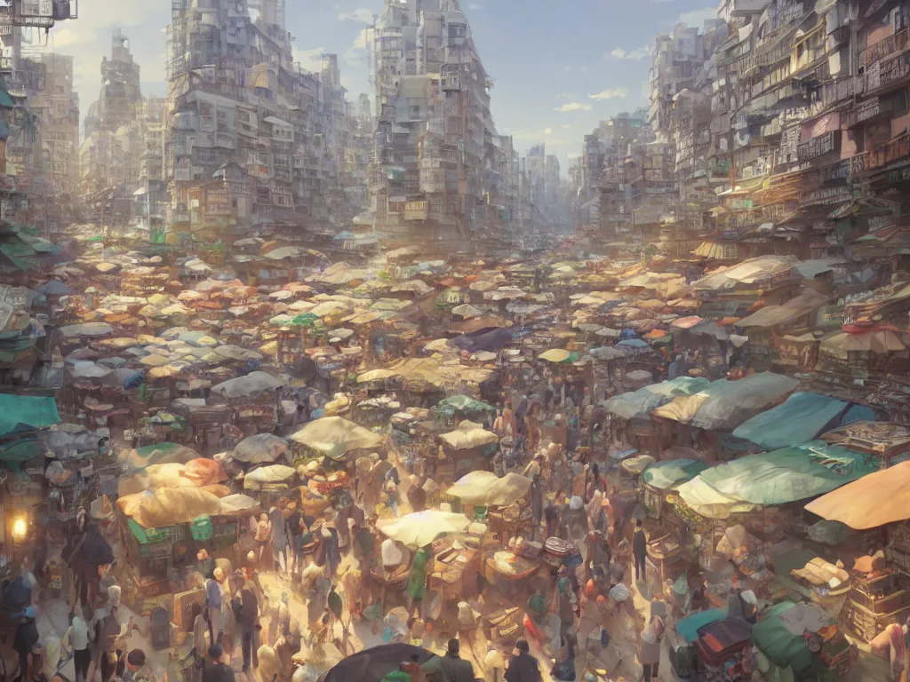 Image similar to A highly detailed matte painting of busy market by Studio Ghibli, Makoto Shinkai, by Artgerm, by WLOP, by Greg Rutkowski, volumetric lighting, octane render, 4K resolution, trending on artstation, masterpiece