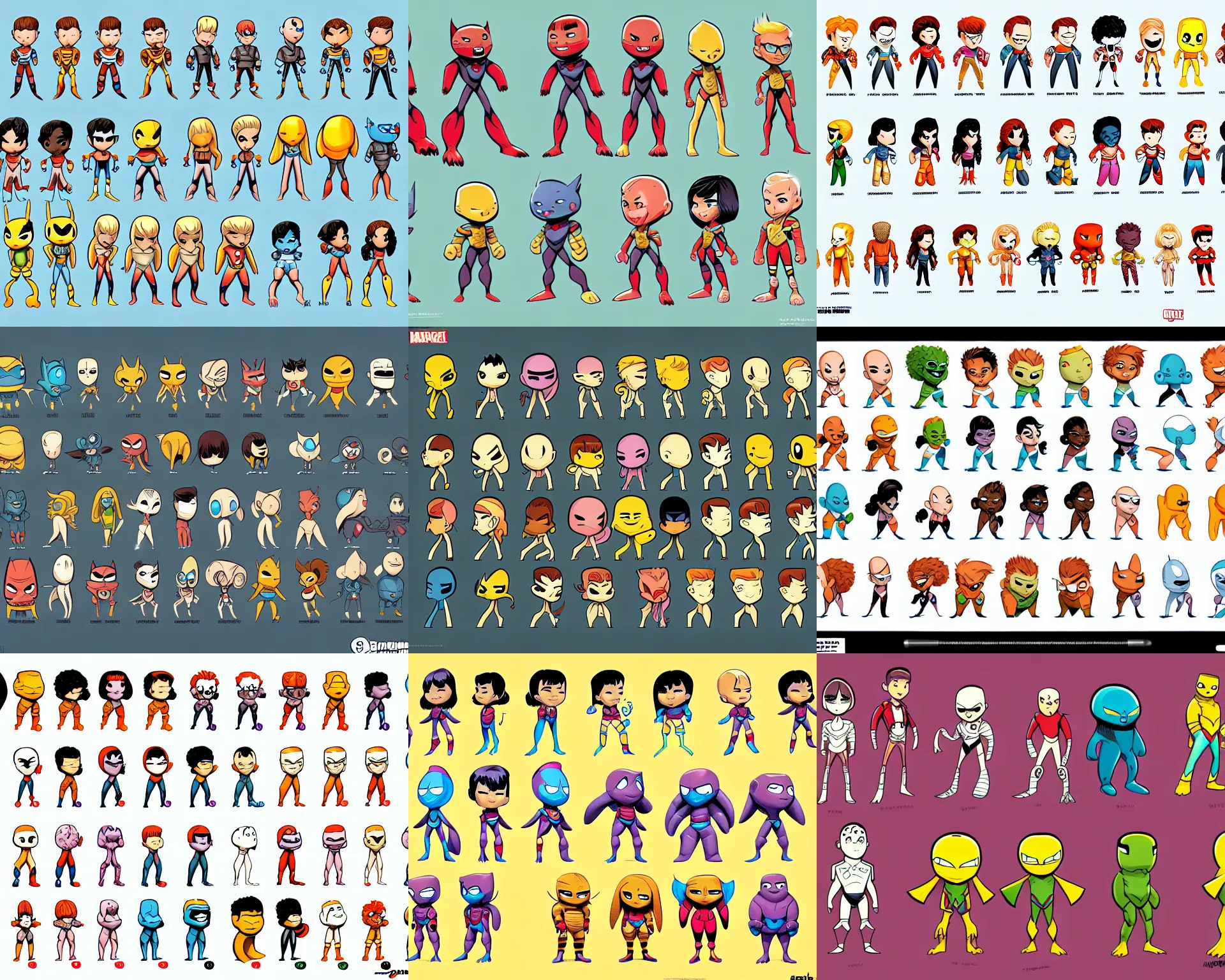 Prompt: character sheet of full body cute comic book characters, concept art, trending on artstation, high detailed, artgem, skottie young, pixar