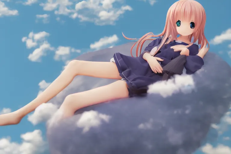 Image similar to a cute anime girl sitting on a cloud, blender render, anime,