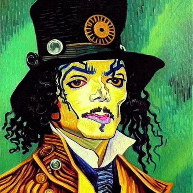 Prompt: a beautiful painting steampunk michael jackson face, by van gogh realistic oil painting