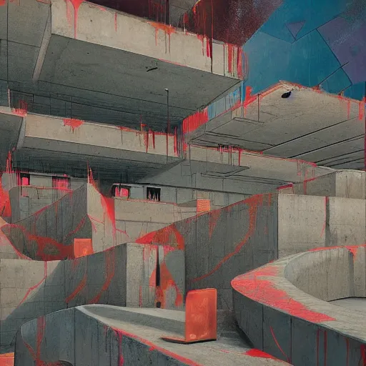 Prompt: neo brutralism, concrete pathways crossing chasms with dystopian housing, concept art, colorful, in the style of Mark Rothko, Edward Hopper and Akihiko Yoshida