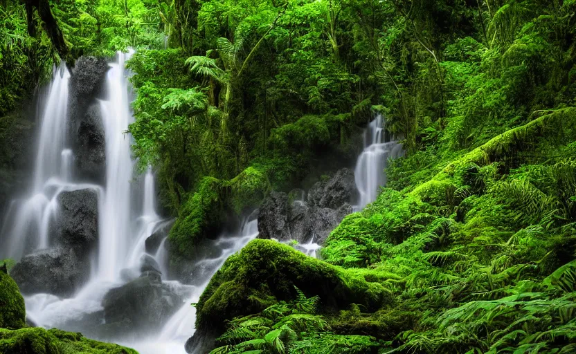 Image similar to beautiful rainforest environment with a waterfall flowing in the background, realistic, 8 k resolution. trending on artstation. photography.