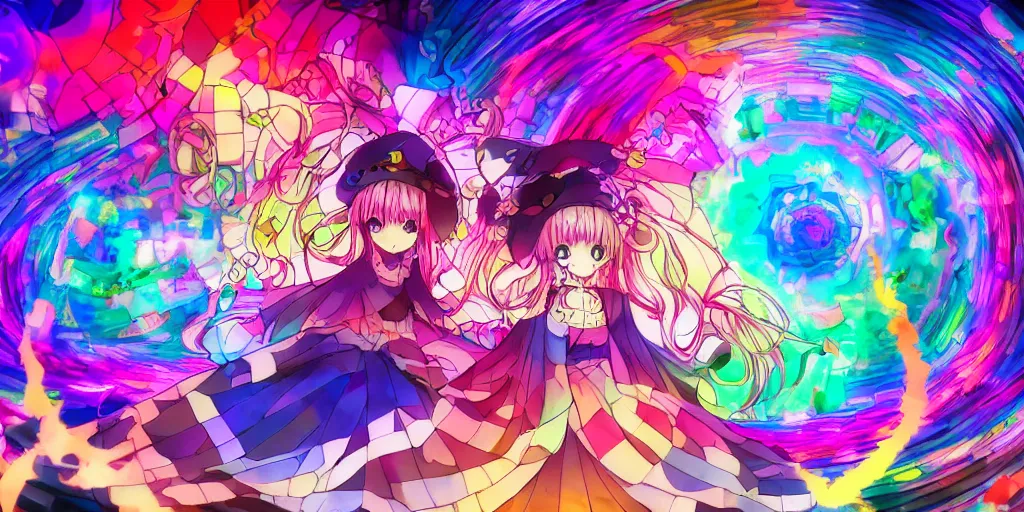 Image similar to Dreamy psychedelic anime, extremely colorful, geometric, Madoka witch labyrinth, patchwork, photoshop, HDR, 4k, 8k, abstract, two anime girls standing within two raging colorful vortexes