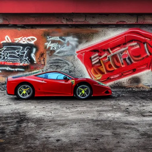 Image similar to hyper detailed and photorealistic, red ferrari, dust, humus, wet street, graffiti on wall, trash scattered, abandoned car garage, 8 k, uhd, after rain, cinematic