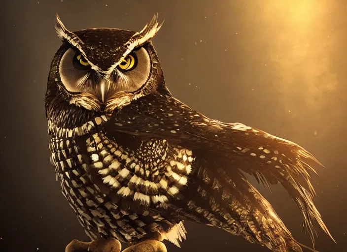 Image similar to a Warrior owl art nuveau, steampunk, symmetry, full frame, cinematic light , unreal engine,