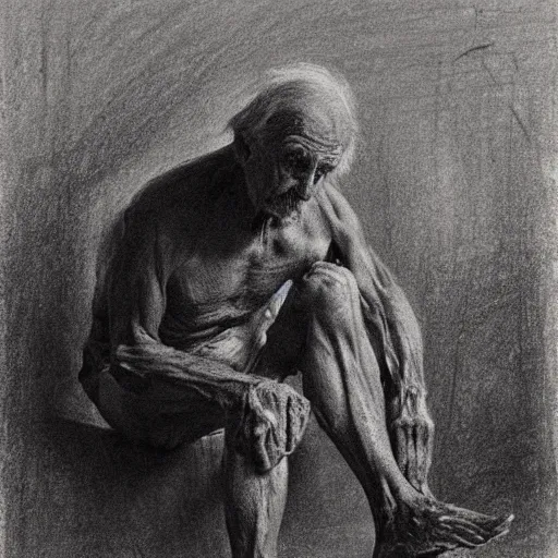 Prompt: drawing sketch of a dying old man, by Ilya Repin, charcoal, chalk, russian academic, detailed, spontaneous linework, frail, musculature, dramatic