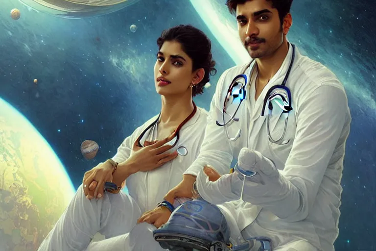 Image similar to Sensual good looking pale young Indian doctors wearing jeans in a space station above Earth, portrait, elegant, intricate, digital painting, artstation, concept art, smooth, sharp focus, illustration, art by artgerm and greg rutkowski and alphonse mucha