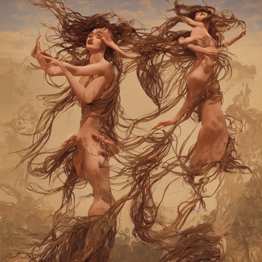 Prompt: goddess dancing in the desert, unreal engine, professional models, symmetrical face, fantasy, surreal, intricate, sharp focus, beautiful, elegant, highly detailed, digital painting, trending on artstation, concept art, smooth and sharp focus, illustration, art by tan zi and ayanamikodon and alphonse mucha and wlop