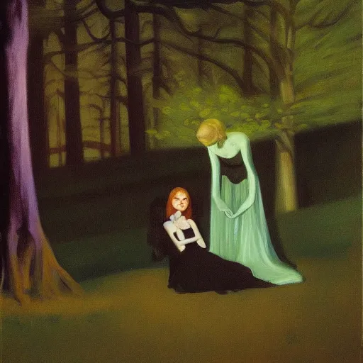 Prompt: oil painting of a gothic barbie in the spooky woods by Edward Hopper, detailed