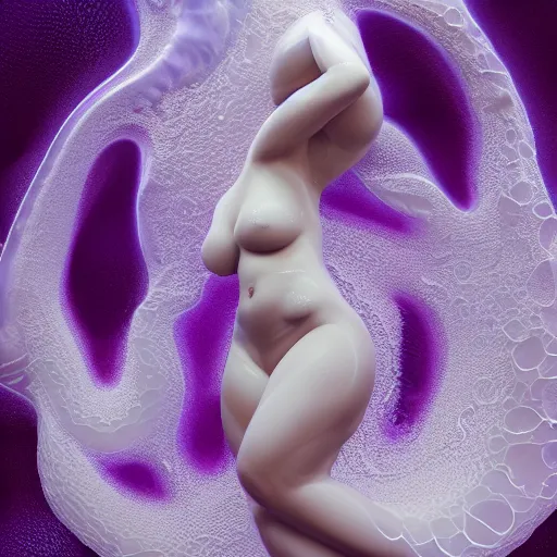 Prompt: 3 d pyro liquid simulation render, octane render, xparticles,, female bodies, intricate details, female body covered in white blanket, white carved abstract sculpture, amethyst mineral quartz, swirly curls, abstract white fluid, golden edges and fractals, wasili kandinski, artstation, render, cinema 4 d, art noveau fresco