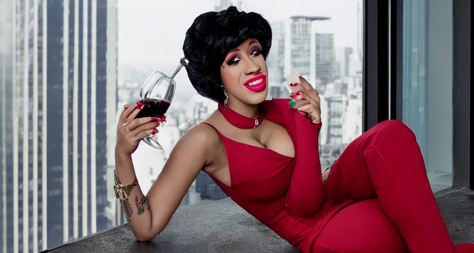 Prompt: Cardi B sipping on wine from her balcony, cinematic, Jackson Pollack, 4K, canvas