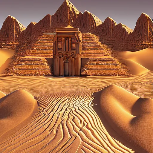 Image similar to desert temple surrounded by large dunes, carving, digital art