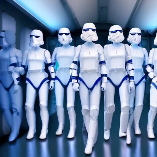 Image similar to troop of cloned women with white bob hairdos, tight light blue space trooper suits, futuristic cloning facility, sci - fi, highly detailed, cinematic