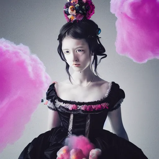 Prompt: 8 k, octane render, realism, tonalism, renaissance, rococo, baroque, portrait of a creepy young lady wearing long - harajuku manga - dress with flowers! and skulls, cotton candy