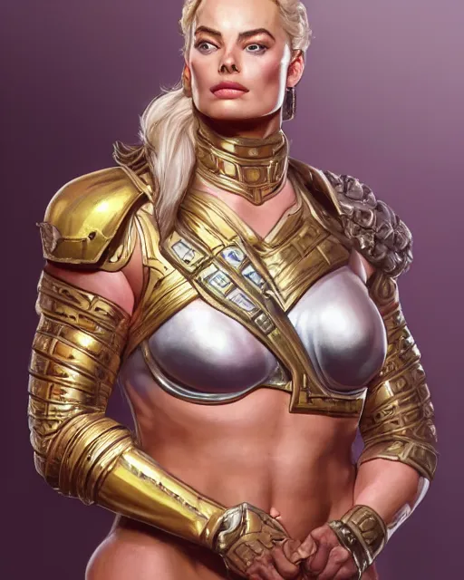 Image similar to full figure ultra realistic illustration, margot robbie as thick female bodybuilder knight zarya from overwatch smiling with closed eyes wearing egyptian armour, intricate, elegant, highly detailed, digital painting, artstation, concept art, smooth, sharp focus, illustration, art by artgerm and greg rutkowski and alphonse mucha