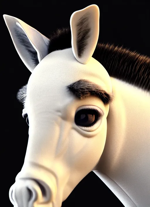 Prompt: hyper detailed ultra sharp portrait of a beautiful fashionable porcelain ivory donkey zombie with glowing eyes, up close shot, sharp focus, global illumination, radiant light, black haute couture, alexandre ferra, irakli nadar, octane render, 4 k, ultra hd,