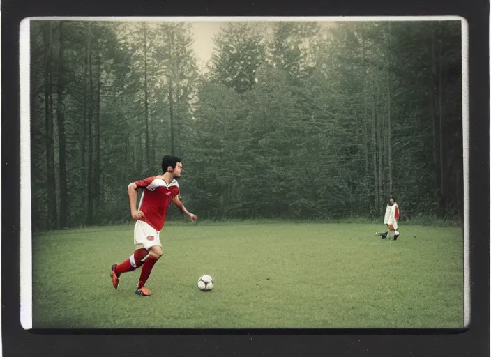 Image similar to medium shot, mikel arteta playing soccer in woods, polaroid photo, vintage, neutral colors, by gregory crewdson