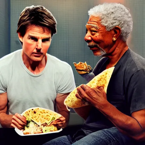 Image similar to tom cruise and morgan freeman eating a burrito in jail, hyper realistic, photo, photo studio, news paper, hyper detailed, smooth,