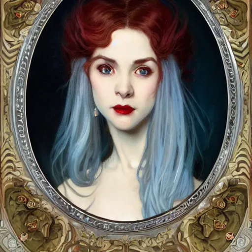 Prompt: portrait of a very beautiful vampire, top half of body, upset expression, by Stanley Artgerm Lau, greg rutkowski, thomas kindkade, alphonse mucha, loish, norman rockwell, J. C. Leyendecker. light blue hair, European, pale skin, detailed eyes, red lips, small earrings. small frame. Trending on artstation rule of thirds extremely detailed illustration hd 4k